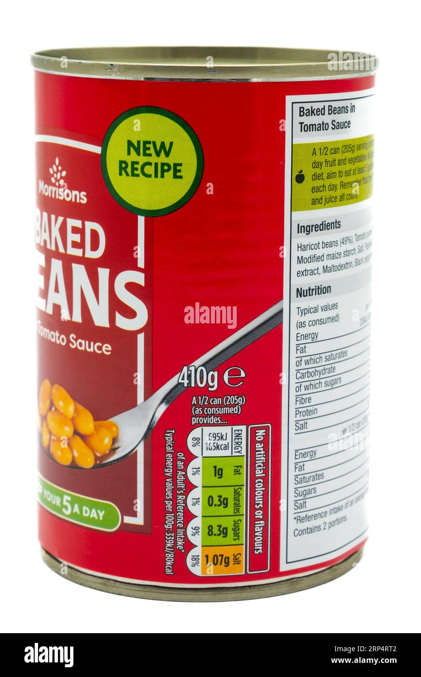 Irvine, Scotland, UK-July 21, 2023: Morrisons branded baked beans in tomato sauce contained in a recyclable tin can with graphics icons and symbols re Stock Photo