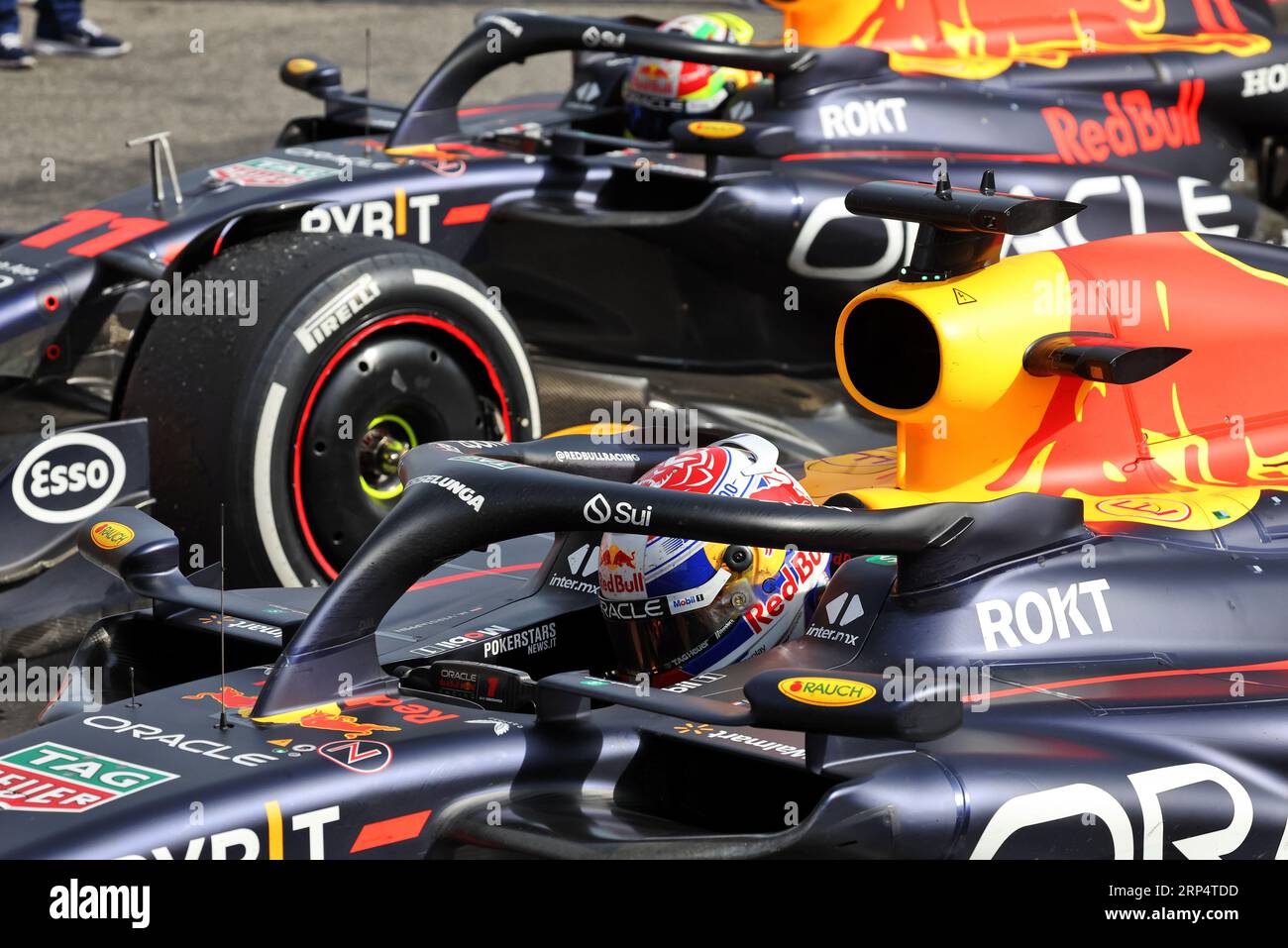 Monza, Italy. 03rd Sep, 2023. Race winner Max Verstappen (NLD) Red Bull Racing RB19 and Sergio Perez (MEX) Red Bull Racing RB19 in parc ferme