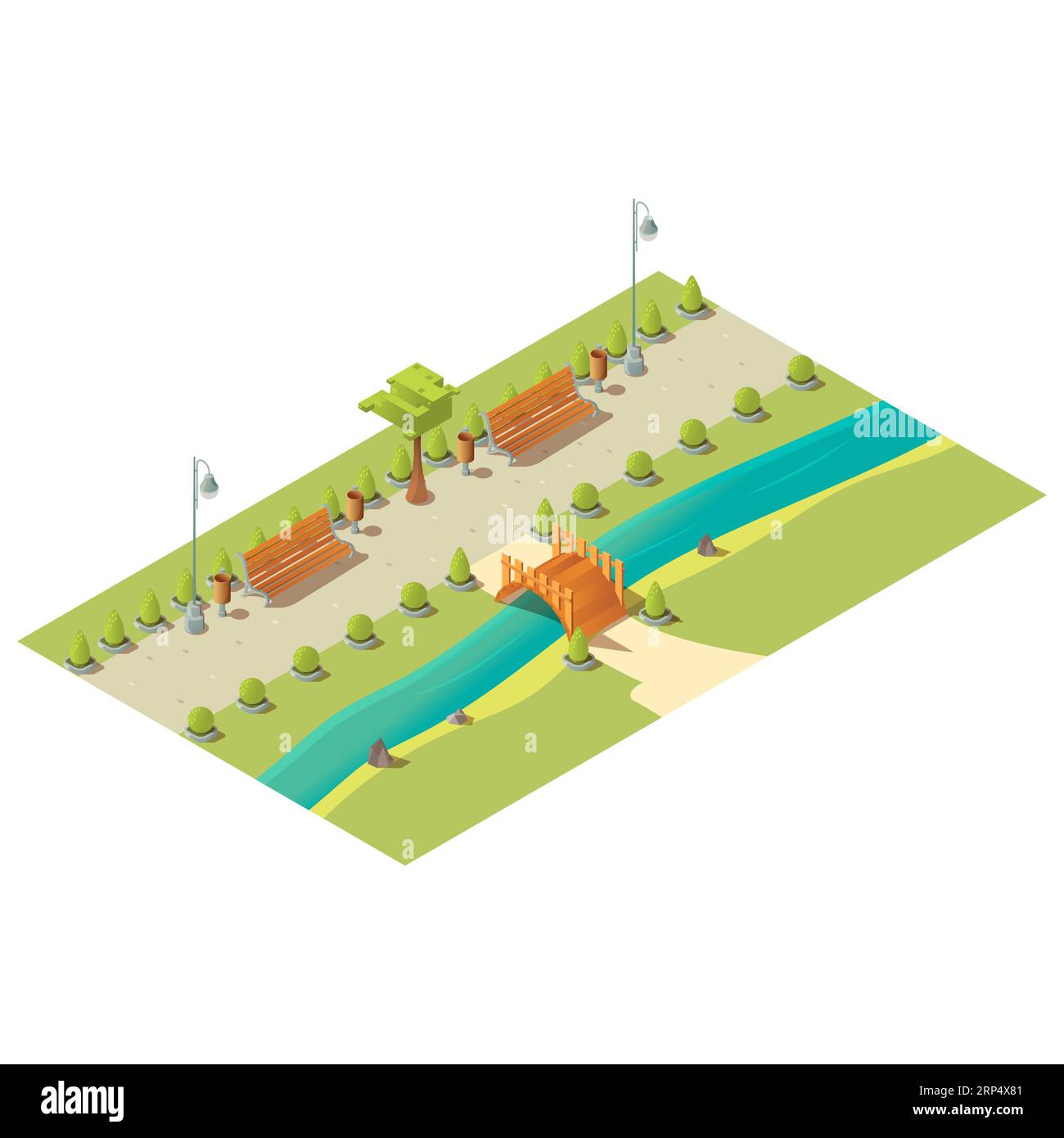 Isometric park with benches, trees, bushes, wooden bridge above river
