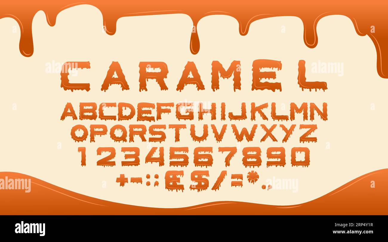 Caramel font, alphabet for sweet liquid food, dessert. Vector cartoon
