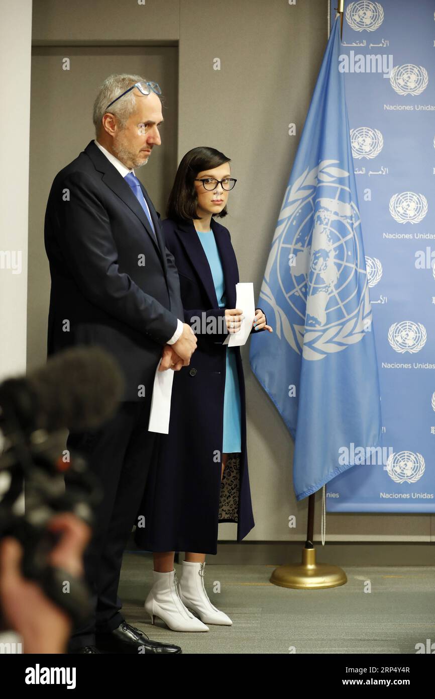 (181120) -- UNITED NATIONS, Nov. 20, 2018 -- British actress Millie Bobby Brown (R) attends a press conference at the UN headquarters in New York, on Nov. 20, 2018. Millie Bobby Brown on Tuesday pledged to speak out for children s rights in her new role as the youngest goodwill ambassador of the UN children s agency. ) UN-UNICEF-GOODWILL AMBASSADOR-MILLIE BOBBY BROWN-PRESS CONFERENCE LixMuzi PUBLICATIONxNOTxINxCHN Stock Photo