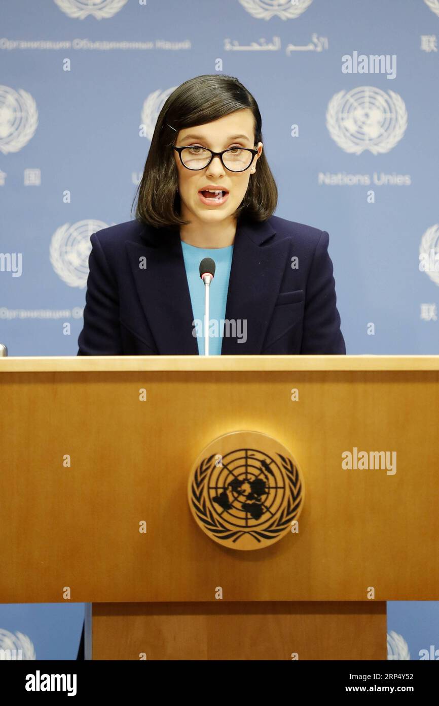 (181120) -- UNITED NATIONS, Nov. 20, 2018 -- British actress Millie Bobby Brown speaks at a press conference at the UN headquarters in New York, on Nov. 20, 2018. Millie Bobby Brown on Tuesday pledged to speak out for children s rights in her new role as the youngest goodwill ambassador of the UN children s agency. ) UN-UNICEF-GOODWILL AMBASSADOR-MILLIE BOBBY BROWN-PRESS CONFERENCE LixMuzi PUBLICATIONxNOTxINxCHN Stock Photo