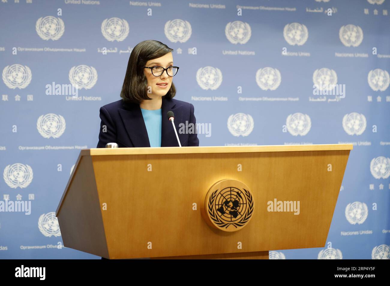 (181120) -- UNITED NATIONS, Nov. 20, 2018 -- British actress Millie Bobby Brown speaks at a press conference at the UN headquarters in New York, on Nov. 20, 2018. Millie Bobby Brown on Tuesday pledged to speak out for children s rights in her new role as the youngest goodwill ambassador of the UN children s agency. ) UN-UNICEF-GOODWILL AMBASSADOR-MILLIE BOBBY BROWN-PRESS CONFERENCE LixMuzi PUBLICATIONxNOTxINxCHN Stock Photo