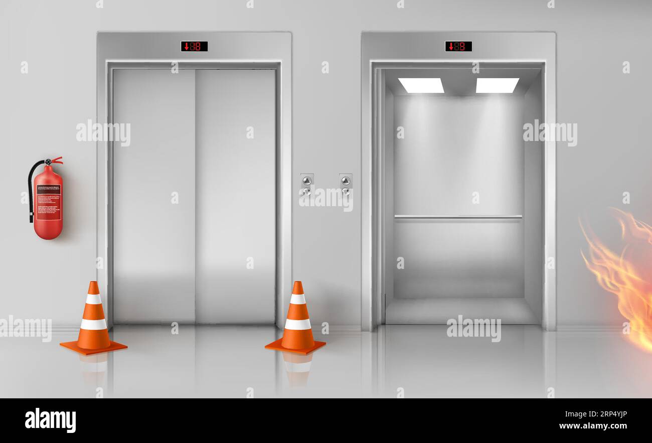 Fire in office hallway with open and closed elevator doors, red