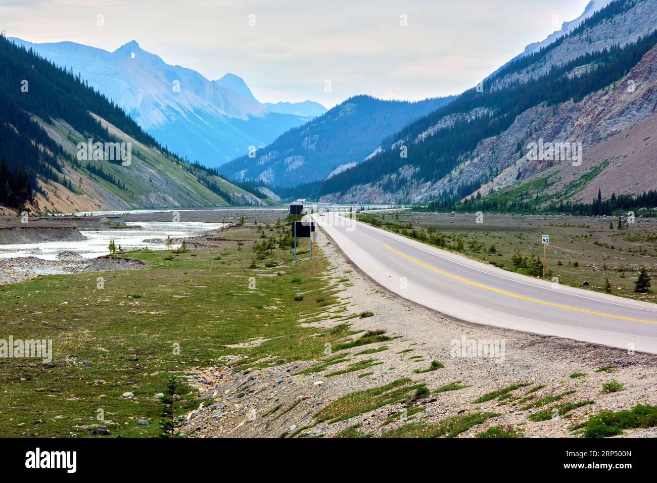 Icefields Parkway through Jasper National Park with great views of the Rocky Mountains. Stock Photo