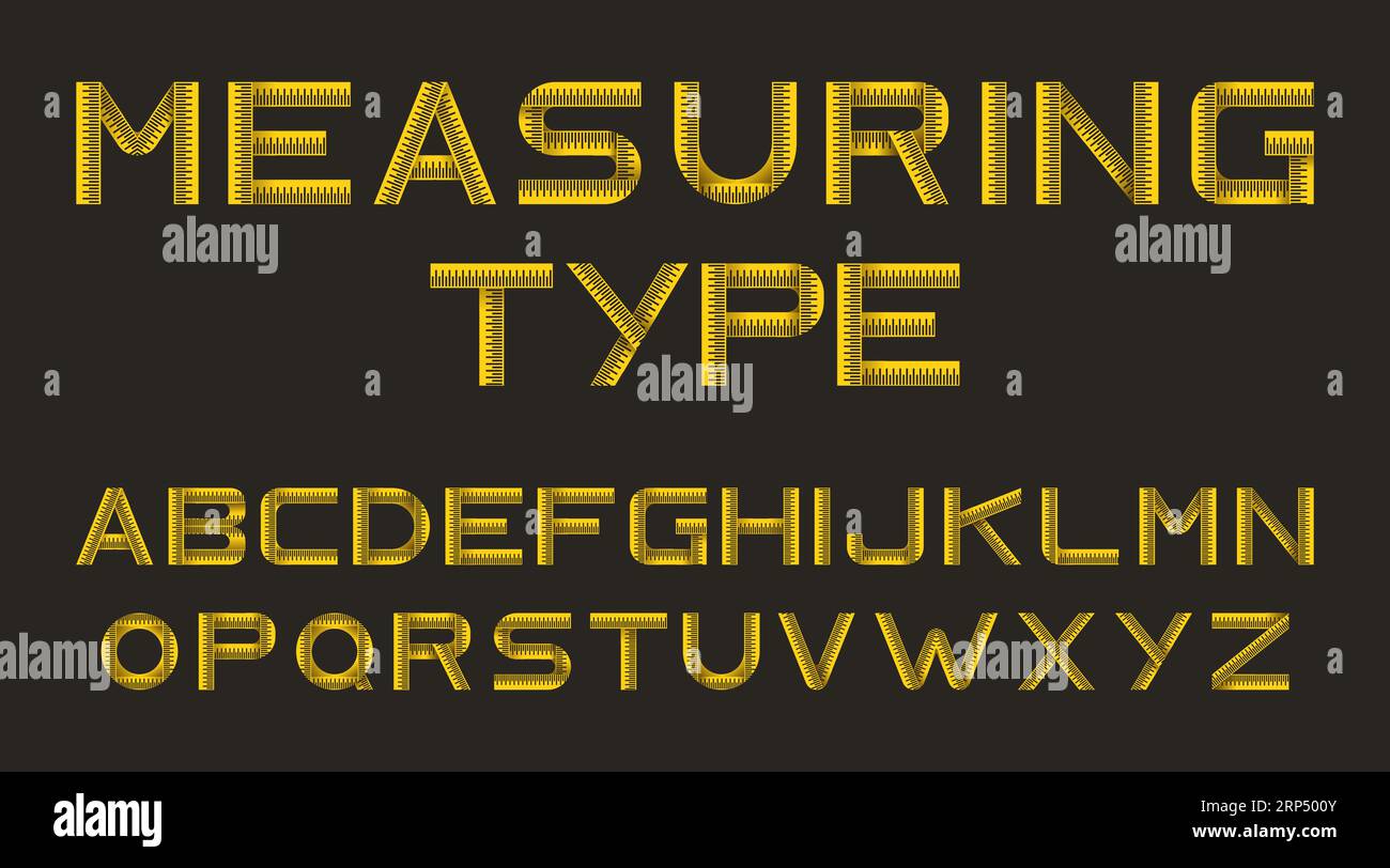 Measure type isolated on black background. Alphabet from yellow ruler