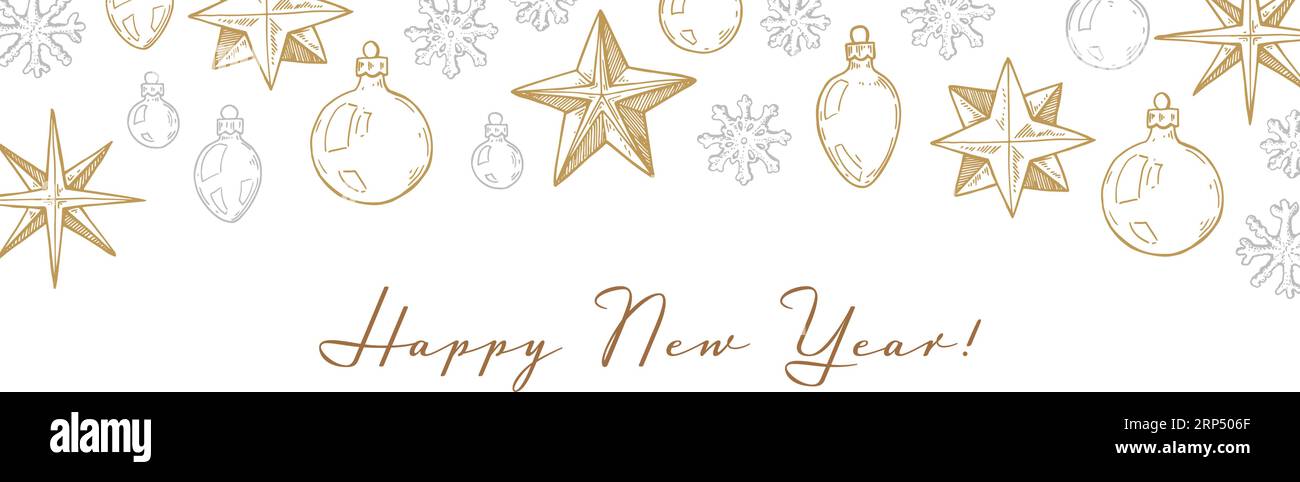 Merry Christmas and Happy New Year horizontal greeting card with hand ...