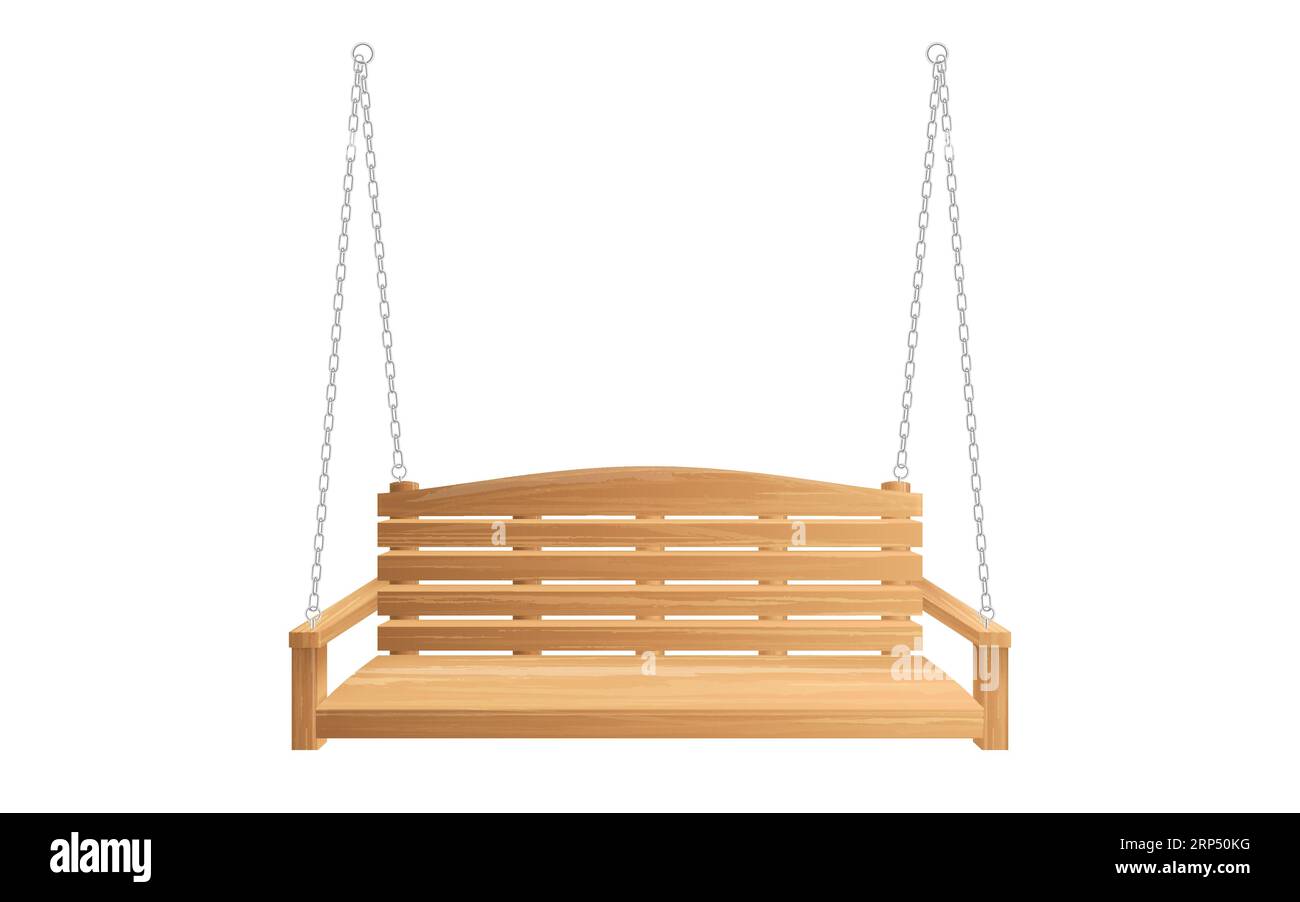 Wooden porch swing hanging on chains isolated on white background