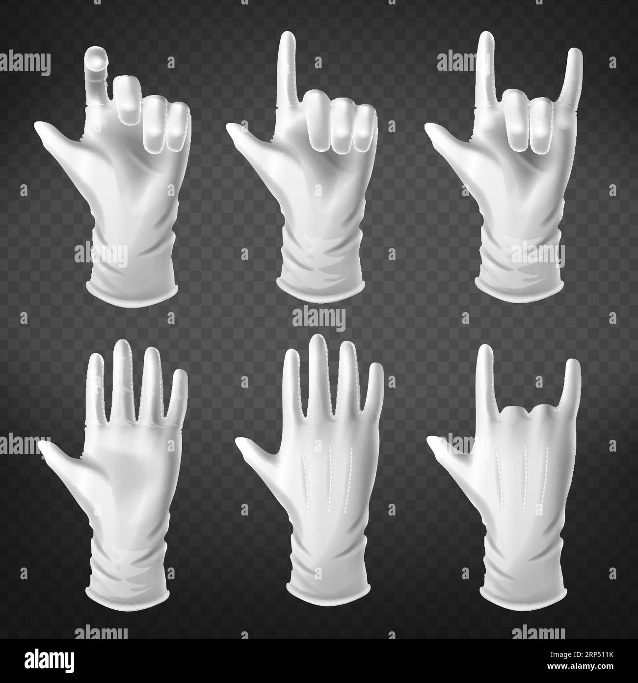 Hand gestures in different positions. Human palm dressed in white glove