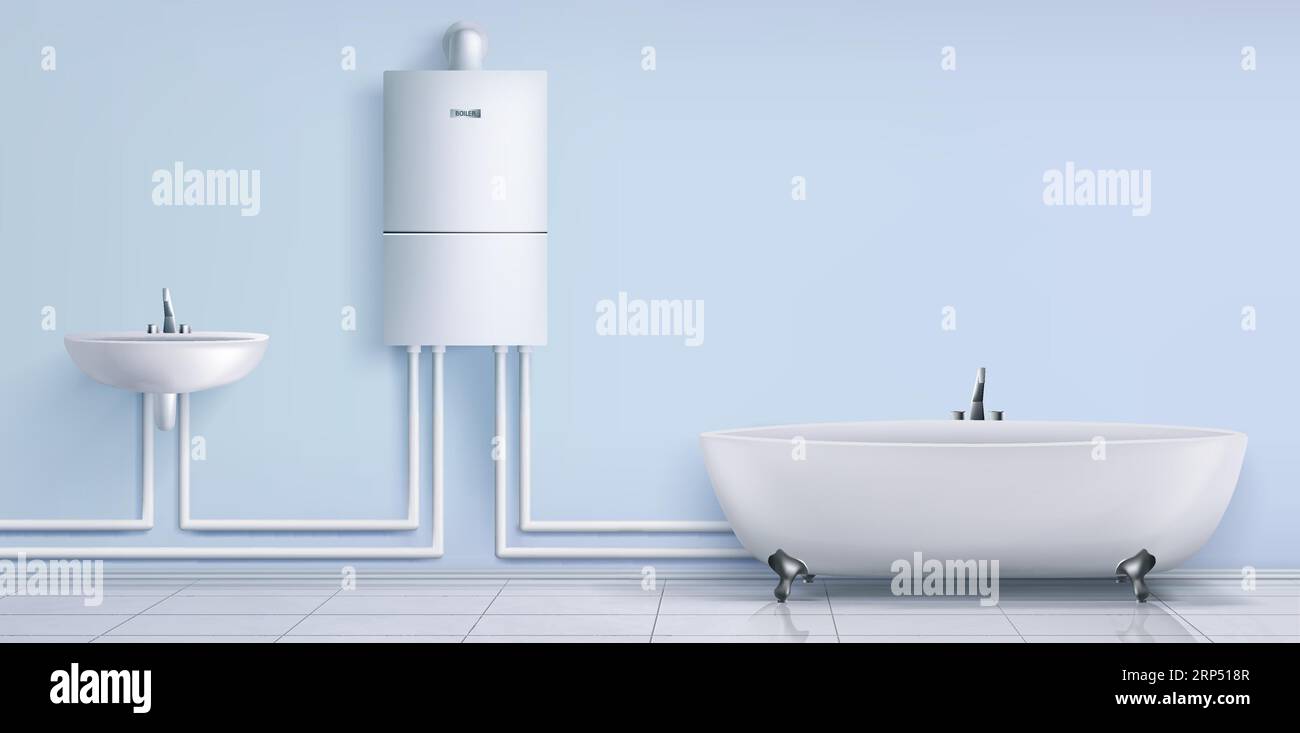 Bathroom with boiler water heater connected with washbasin and tub. Empty bath room interior