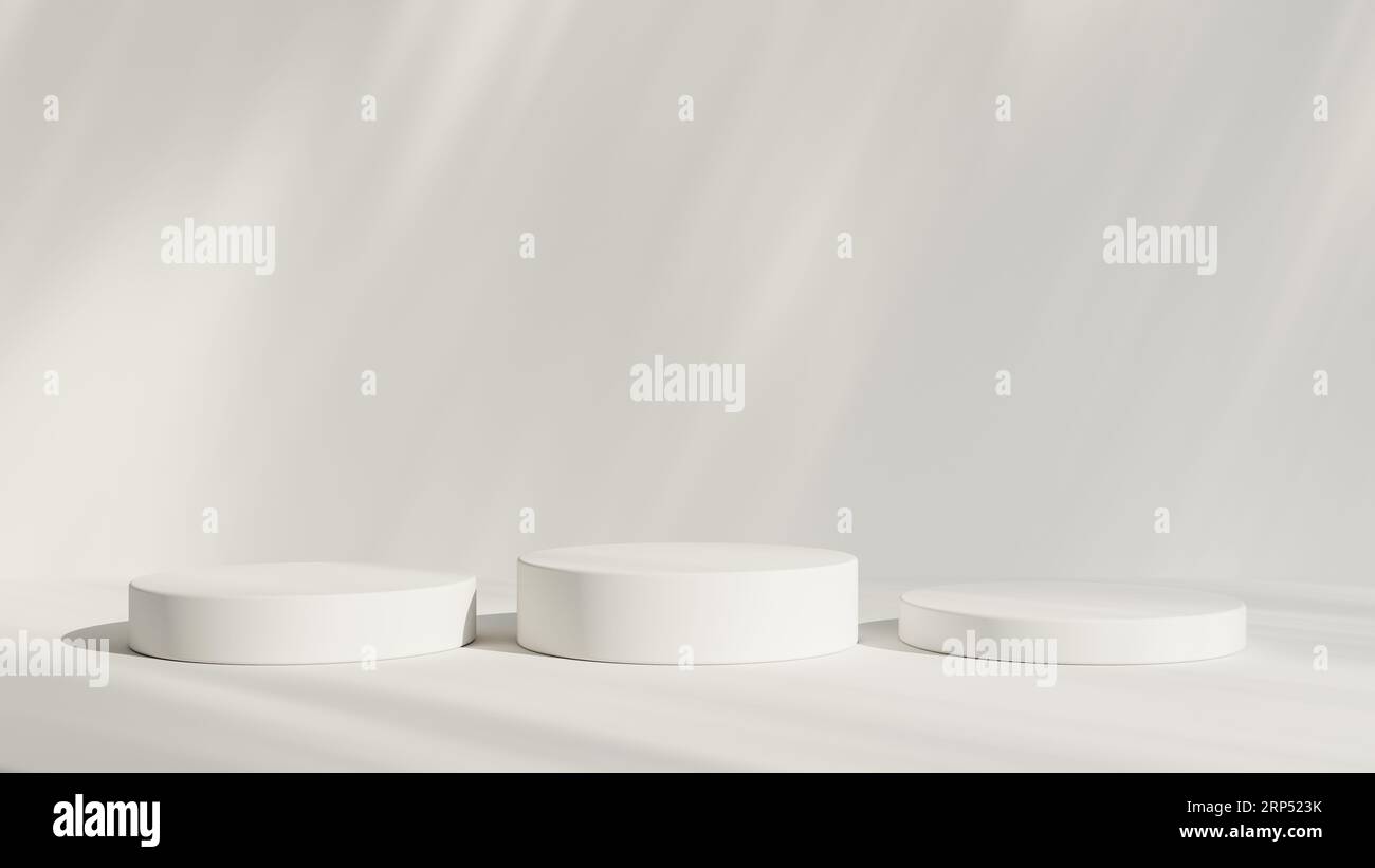 Abstract white room with realistic white cylinder pedestal podium set ...