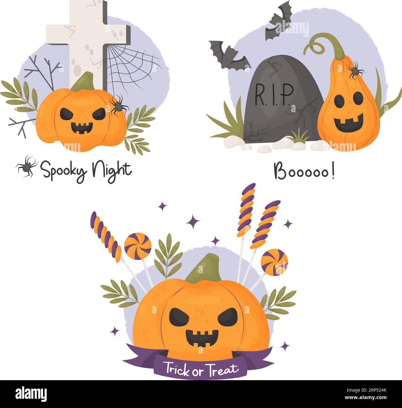 Cool Halloween cards. Cute pumpkin lantern jack, cemetery with cross