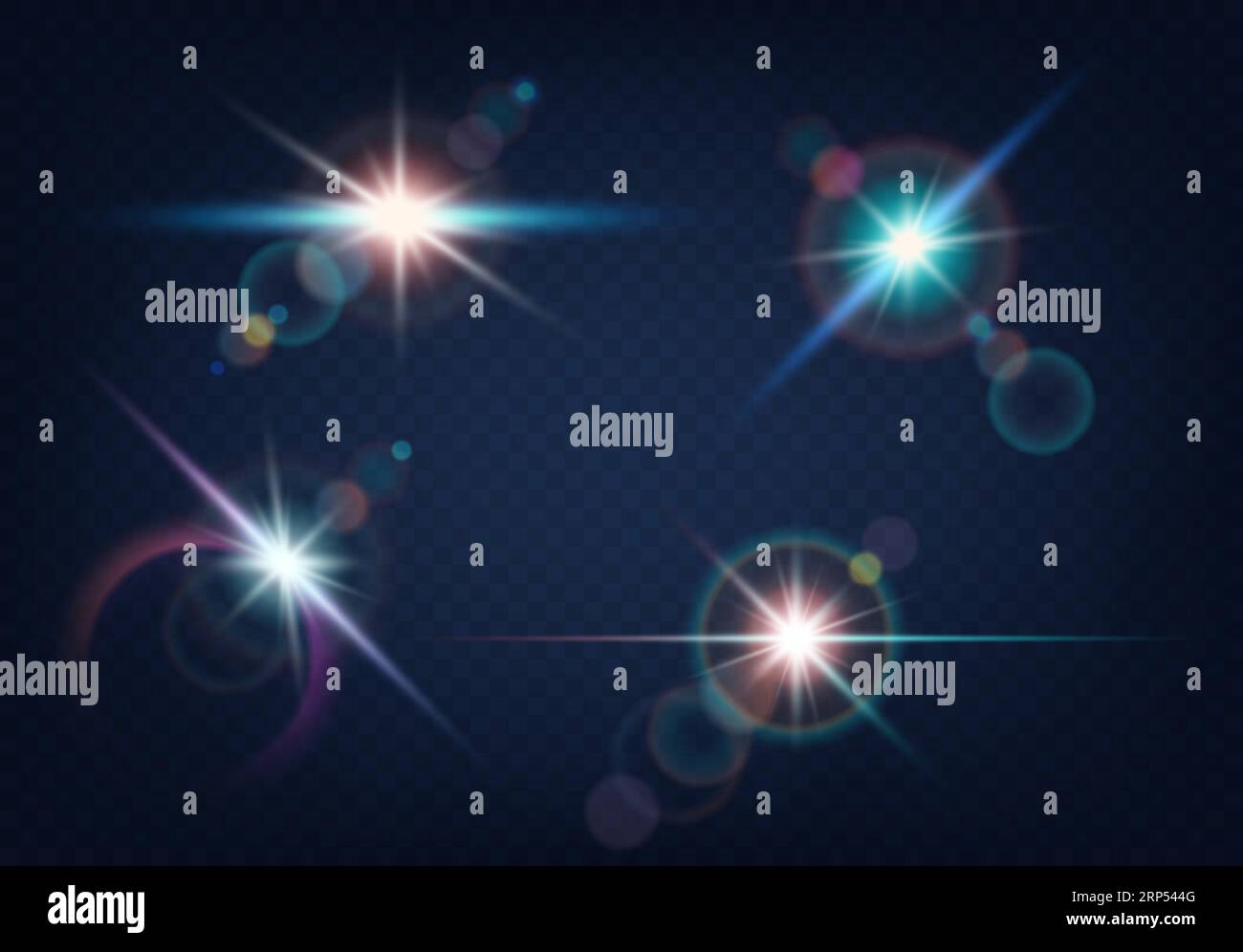 Set of realistic light glare, highlight with blurred bokeh effect on