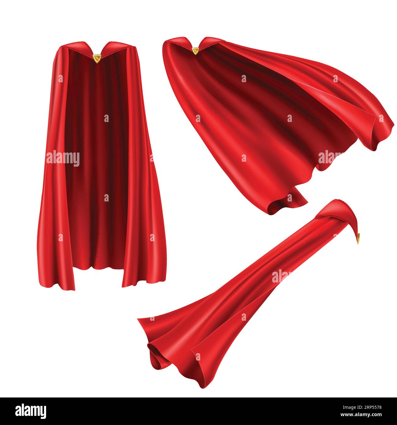 Red superhero cape, cloak with golden pin front and side view. Fluttering  on wind rippled silk clothes for king, ullusionist or vampire costume. Set  o Stock Vector Image & Art - Alamy