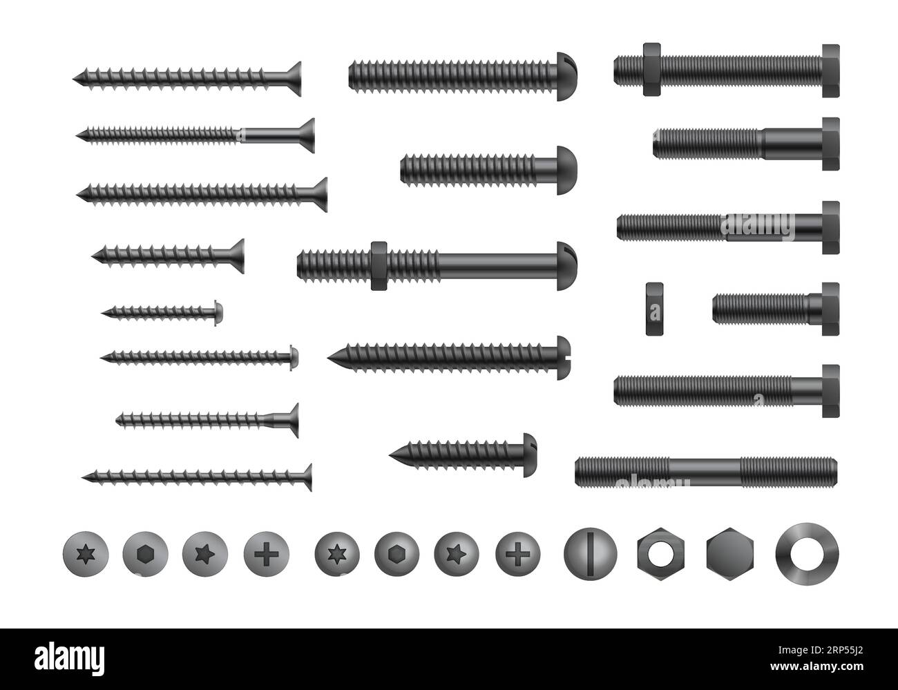 Realistic bolt, screw and nut collection. Metal nails, rivets heads with washers. Repair set, isolated fasteners for equipment tool and furniture. 3d Stock Vector