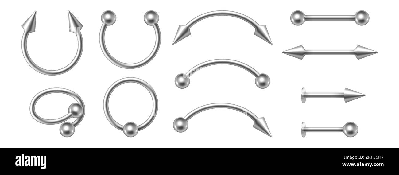 Piercing jewelry. Realistic metal nose rings. 3d earrings pierced face body accessories set. Silver cones and balls, metallic oops barbells. Vector il Stock Vector