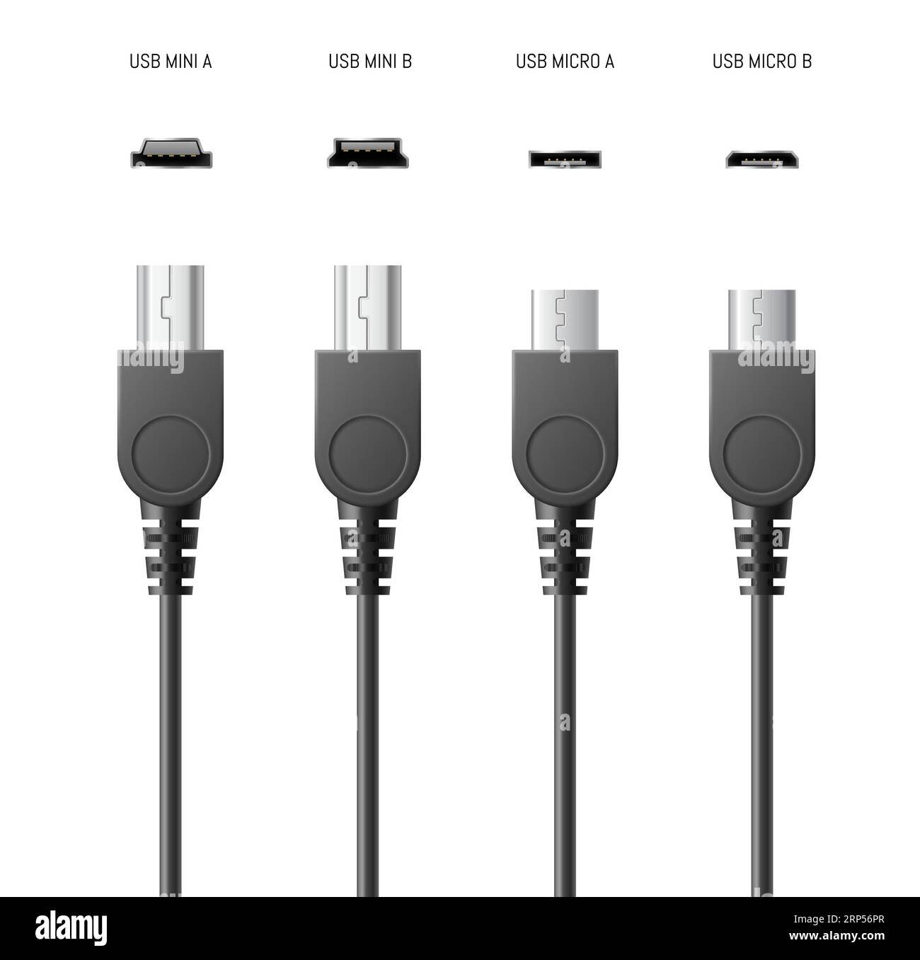 USB cables and sockets set realistic 3D isolated. Connector plugs for