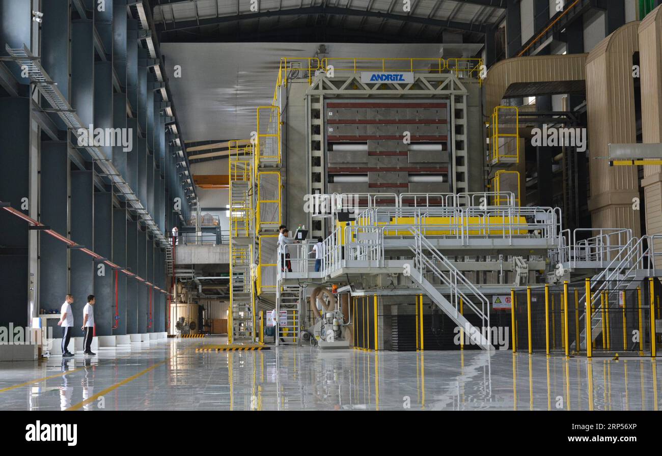 (181201) -- XEPON, Dec. 1, 2018 -- Photo taken on Nov. 23, 2018 shows the inside view of the first modern pulp mill of Sun Paper Holdings Laos Co., Ltd. in Xepon, Savannakhet Province, some 410 km east of Lao capital Vientiane. The first modern pulp mill in Laos, invested in by Sun Paper Laos, is bringing prosperity and more employment opportunities to the central lao village and local villagers. Sun Paper Group signed an investment agreement on Forest-Pulp-Paper Integration with the Lao government in November, 2009. The company has invested a total of 432 million U.S. dollars and started tria Stock Photo