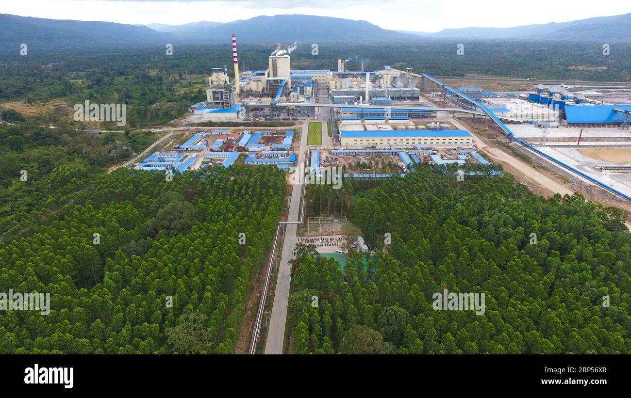 (181201) -- XEPON, Dec. 1, 2018 -- Aerial photo taken on Nov. 23, 2018 shows the first modern pulp mill of Sun Paper Holdings Laos Co., Ltd. in Xepon, Savannakhet Province, some 410 km east of Lao capital Vientiane. The first modern pulp mill in Laos, invested in by Sun Paper Laos, is bringing prosperity and more employment opportunities to the central lao village and local villagers. Sun Paper Group signed an investment agreement on Forest-Pulp-Paper Integration with the Lao government in November, 2009. The company has invested a total of 432 million U.S. dollars and started trial production Stock Photo