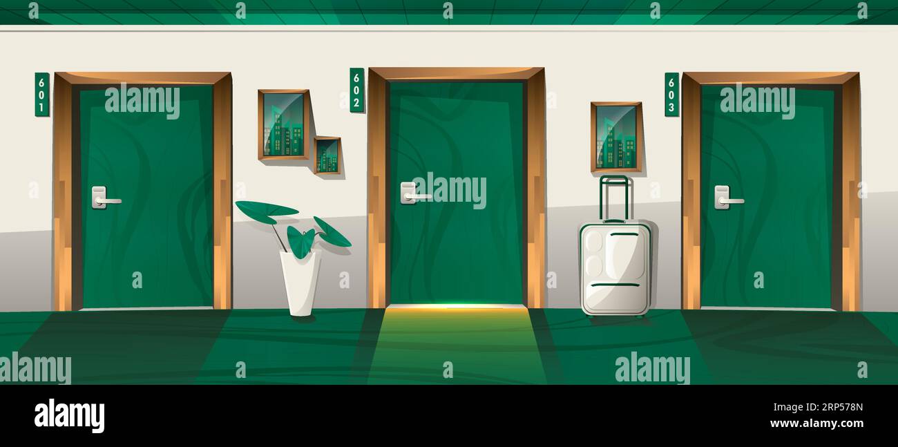 Hotel corridor with closed numbered doors. Vector cartoon interior of