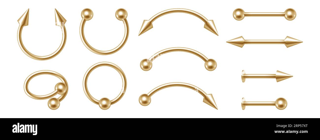 Body piercing golden jewelry set, different gold accessories. Modern