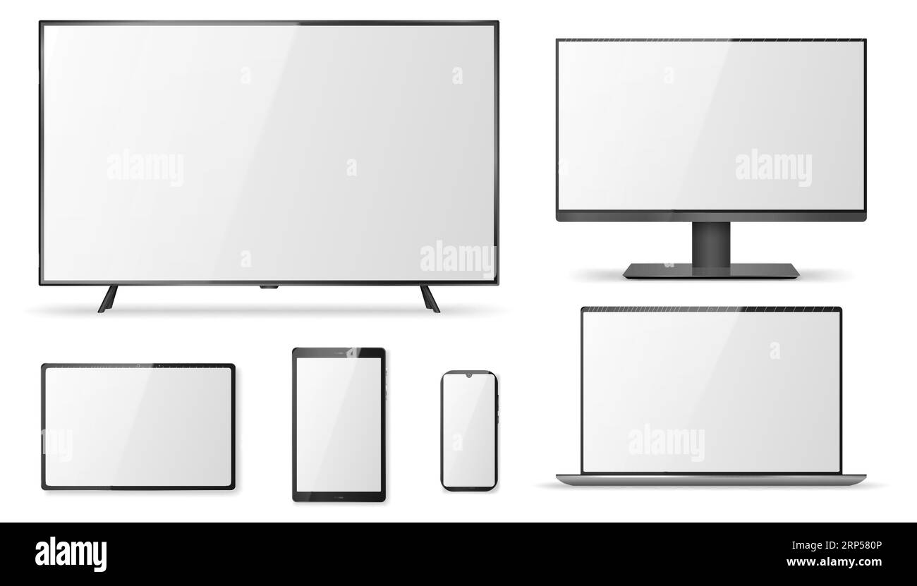 Realistic television screen, monitor, laptop, tablet, smartphone mockup