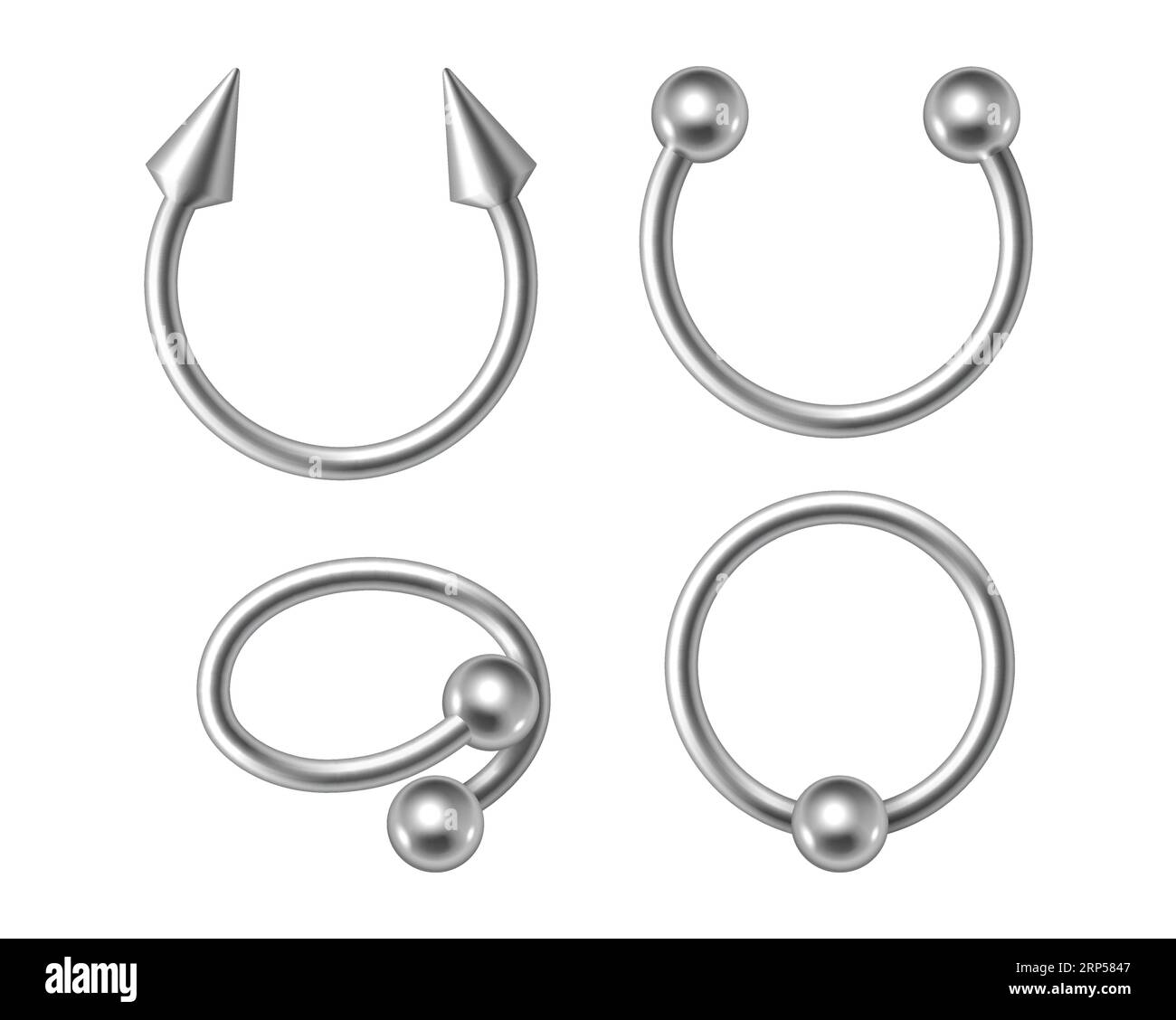 Set of silver piercing jewelry, metal chrome pierce rings, barbell with balls and cones for face and body. Beauty accessories collection isolated on w Stock Vector