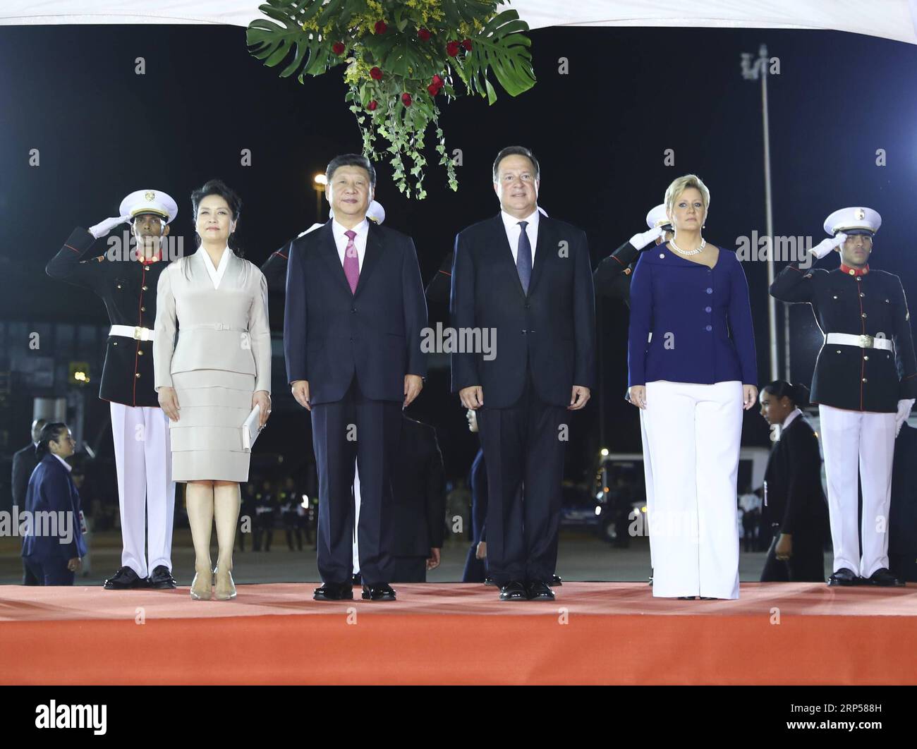 (181202) -- PANAMA CITY, Dec. 2, 2018 -- Chinese President Xi Jinping (2nd L Front), his wife Peng Liyuan (1st L Front), Panamanian President Juan Carlos Varela (2nd R Front) and his wife Lorena Castillo Garcia (1st R Front) attend a grand welcoming ceremony Juan Carlos Varela held for Xi Jinping in Panama City Dec. 2, 2018. President Xi Jinping arrived here on Sunday for a state visit to Panama. ) (yxb) PANAMA-PANAMA CITY-CHINESE PRESIDENT-ARRIVAL XiexHuanchi PUBLICATIONxNOTxINxCHN Stock Photo