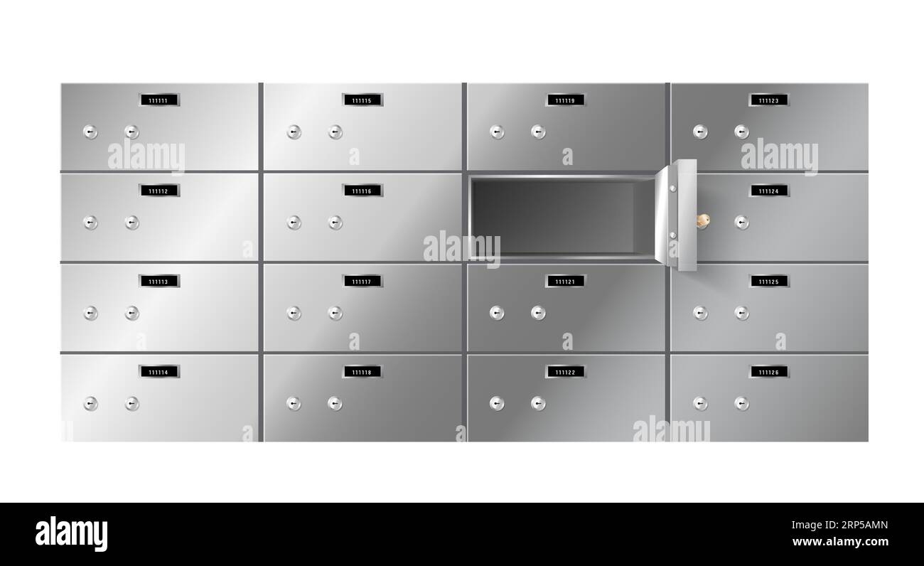 Realistic lockers, bank safe boxes for secured storage 3d. Set of steel