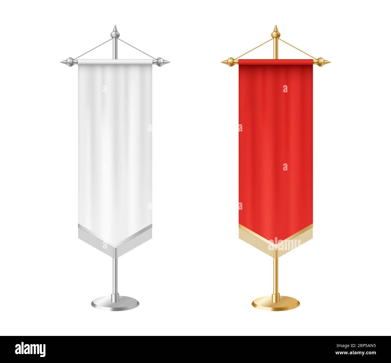 Blank white and red vertical pennants with tassel fringe on steel spire ...