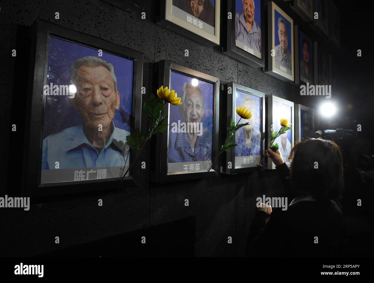 China, Menschen gedenken der Opfer des Massakers von Nanking (181206) -- NANJING, Dec. 6, 2018 (Xinhua) -- A staff member places flowers next to the portraits of late Nanjing Massacre survivors Chen Guangshun, Wang Xiuying and Zhao Jinhua at the Memorial Hall of the Victims in Nanjing Massacre by Japanese Invaders in Nanjing, capital of east China s Jiangsu Province, Dec. 6, 2018. A total of 20 survivors have passed away this year, according to the Memorial Hall. The Nanjing Massacre took place when Japanese troops captured the city on Dec. 13, 1937. Over six weeks, they killed 300,000 Chinese Stock Photo
