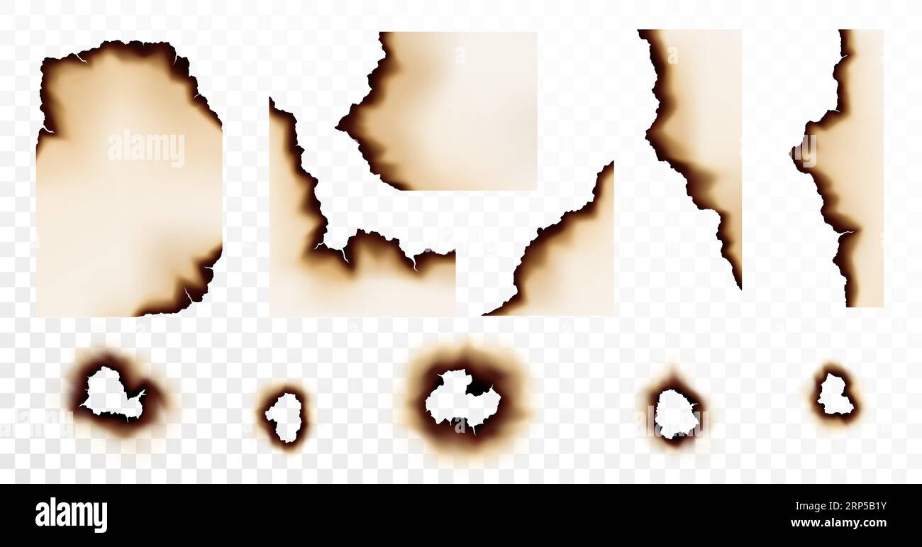 Burnt paper hole, page edges and corners. Realistic fire flames, ashes