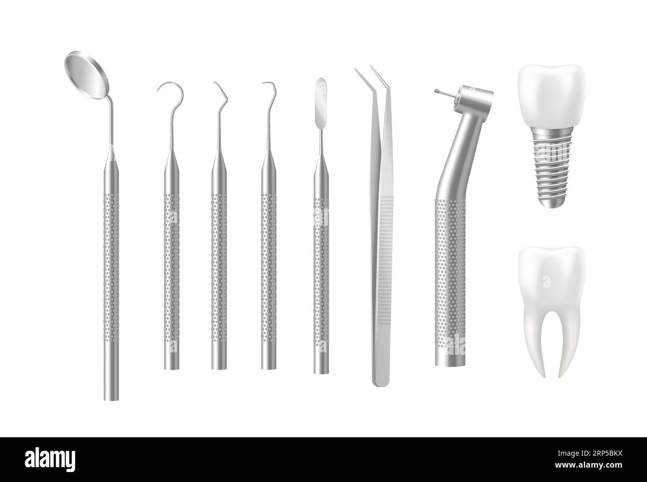 3d tooth, implant and dental tools set. Realistic teeth with stainless