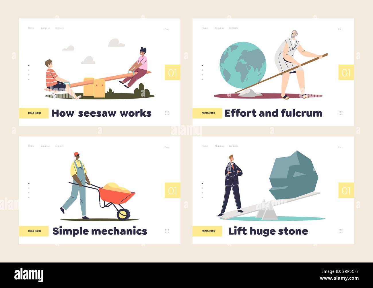 Fulcrum and simple mechanics concept of set of landing pages with seesaws and wheelbarrows
