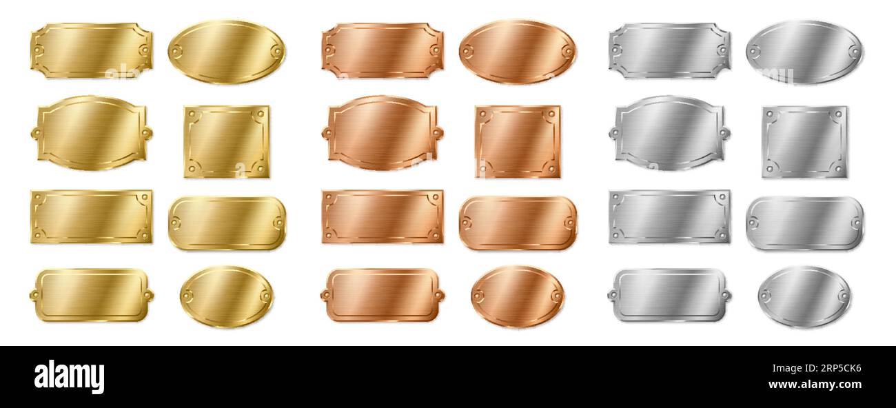Set of empty name plates, template silver, golden and bronze plaques