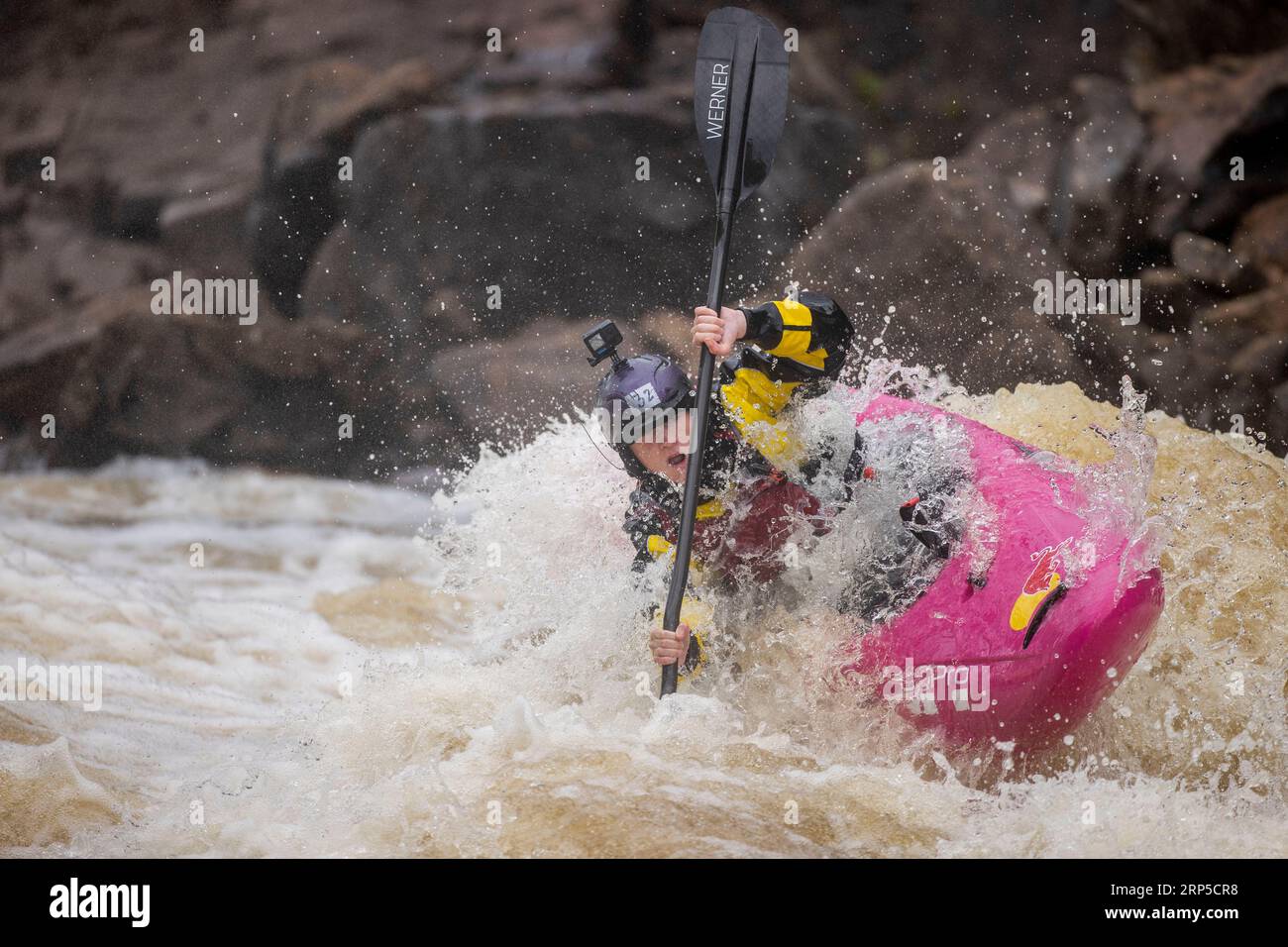 A competitor taking the rapids on the Raquette River outside of Colton, NY as part of the Whitewater Monarch of New York Race Series Stock Photo