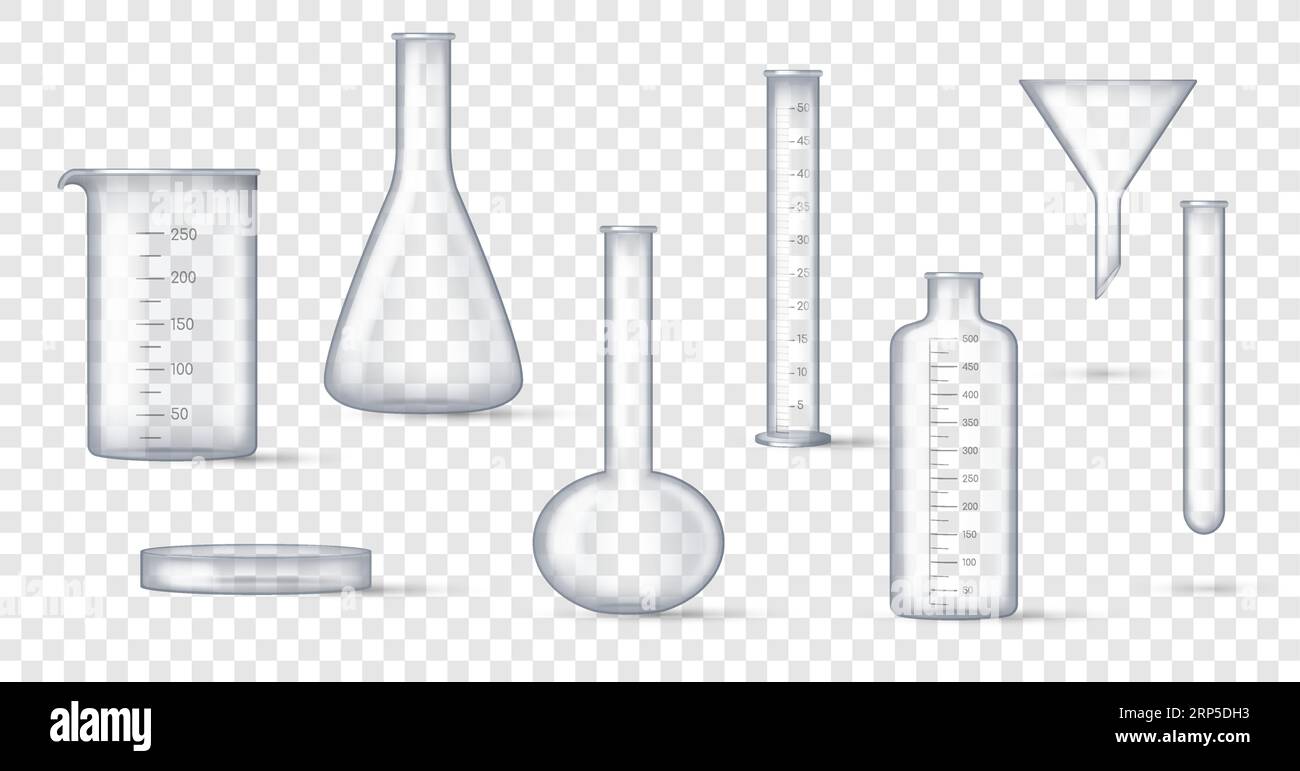 Laboratory glassware. Realistic lab beaker, glass flask and other