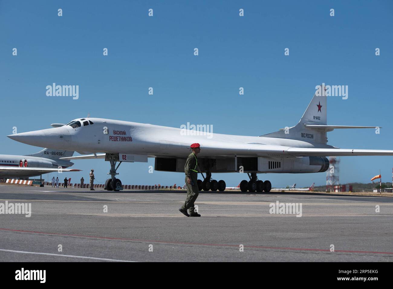 (181212) -- VARGAS, Dec. 12, 2018 -- Photo taken on Dec. 10, 2018 shows a Tu-160 strategic bomber at the Simon Bolivar International Airport, in Maiquetia, Vargas State, Venezuela. Two Russian Tupolev Tu-160 strategic bombers have arrived in Venezuela, the Russian defense ministry said in a statement. According to Russian news report, Venezuelan Defense Minister Vladimir Padrino Lopez welcomed the Russian warplanes, saying that Venezuela is getting prepared to defend itself when needed and the country will do it with the friends who advocate respect-based relations between states. ) VENEZUELA- Stock Photo