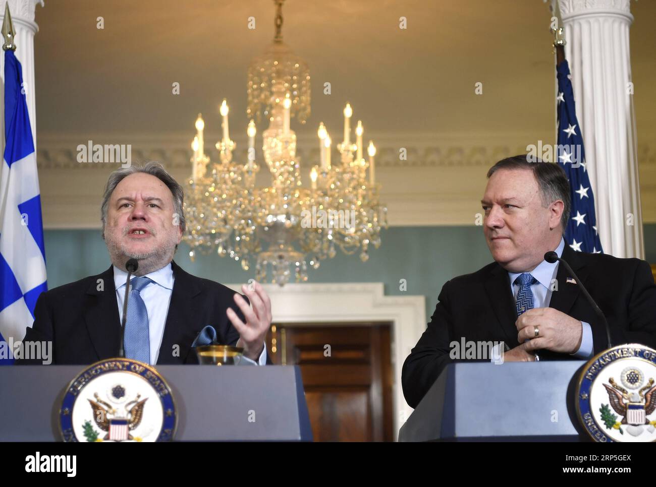 (181214) -- WASHINGTON, Dec. 14, 2018 -- U.S. Secretary of State Mike Pompeo (R) and Greek Acting Foreign Minister George Katrougalos hold a joint press conference at the State Department in Washington D.C., the United States, on Dec. 13, 2018. In an apparent effort to hit Russia s energy exports to European nations, the United States on Thursday highlighted the role of Greece in the diversification of European energy sources, and mulled further boosting its energy cooperation with Greece in a bilateral dialogue. )(yxb) US-WASHINGTON-POMPEO-GREECE-PRESS CONFERENCE LiuxJie PUBLICATIONxNOTxINxCH Stock Photo