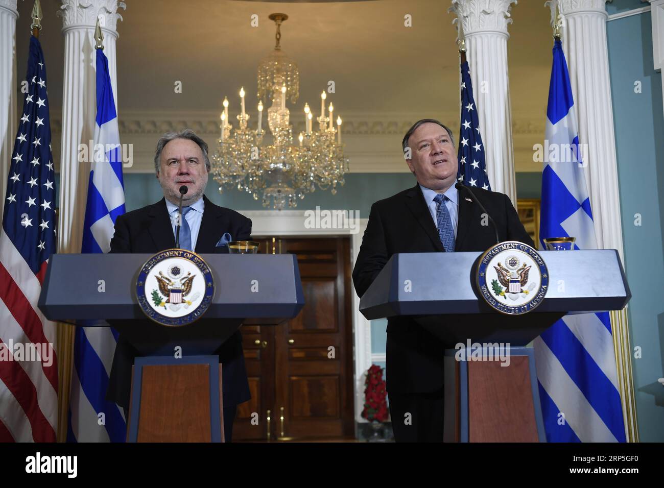 (181214) -- WASHINGTON, Dec. 14, 2018 -- U.S. Secretary of State Mike Pompeo (R) and Greek Acting Foreign Minister George Katrougalos hold a joint press conference at the State Department in Washington D.C., the United States, on Dec. 13, 2018. In an apparent effort to hit Russia s energy exports to European nations, the United States on Thursday highlighted the role of Greece in the diversification of European energy sources, and mulled further boosting its energy cooperation with Greece in a bilateral dialogue. )(yxb) US-WASHINGTON-POMPEO-GREECE-PRESS CONFERENCE LiuxJie PUBLICATIONxNOTxINxCH Stock Photo