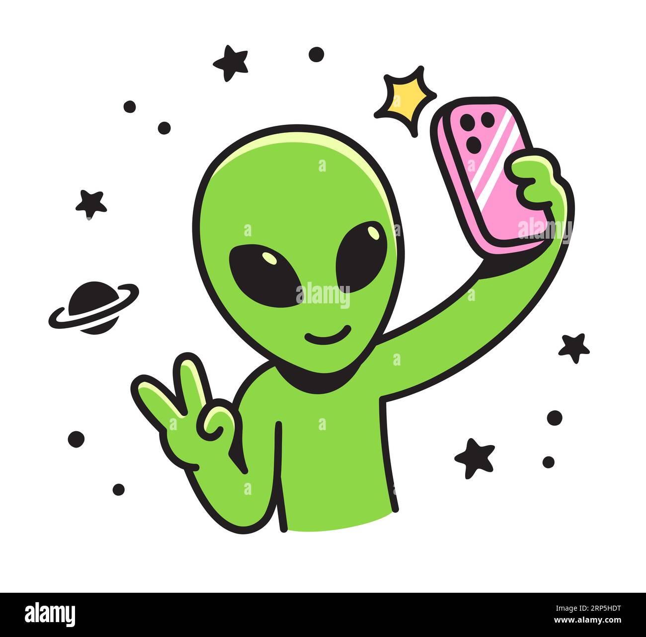 Cute cartoon alien character takes selfie with phone. Funny vector illustration. Stock Vector