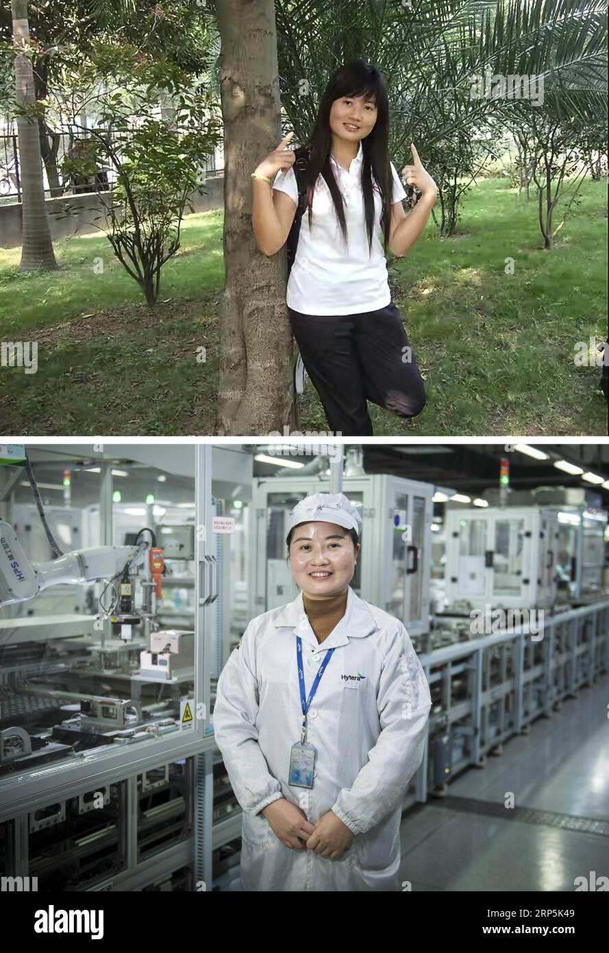 (181217) -- SHENZHEN, Dec. 17, 2018 (Xinhua) -- The upper part of the combo photo taken in 2008 shows Li Li posing for photo shortly after she was employed by Hytera Communications Corporation Ltd. in Shenzhen, south China s Guangdong Province. The lower part of the combo photo taken on Dec. 12, 2018 shows Li Li standing by a production line as a security officer at Hytera Communications Corporation Ltd. in Shenzhen, south China s Guangdong Province. The 30-year-old Li Li, from Madiyi Village of Guanzhuang Town, central China s Hunan Province, went to Shenzhen in 2006. She witnessed the manufa Stock Photo