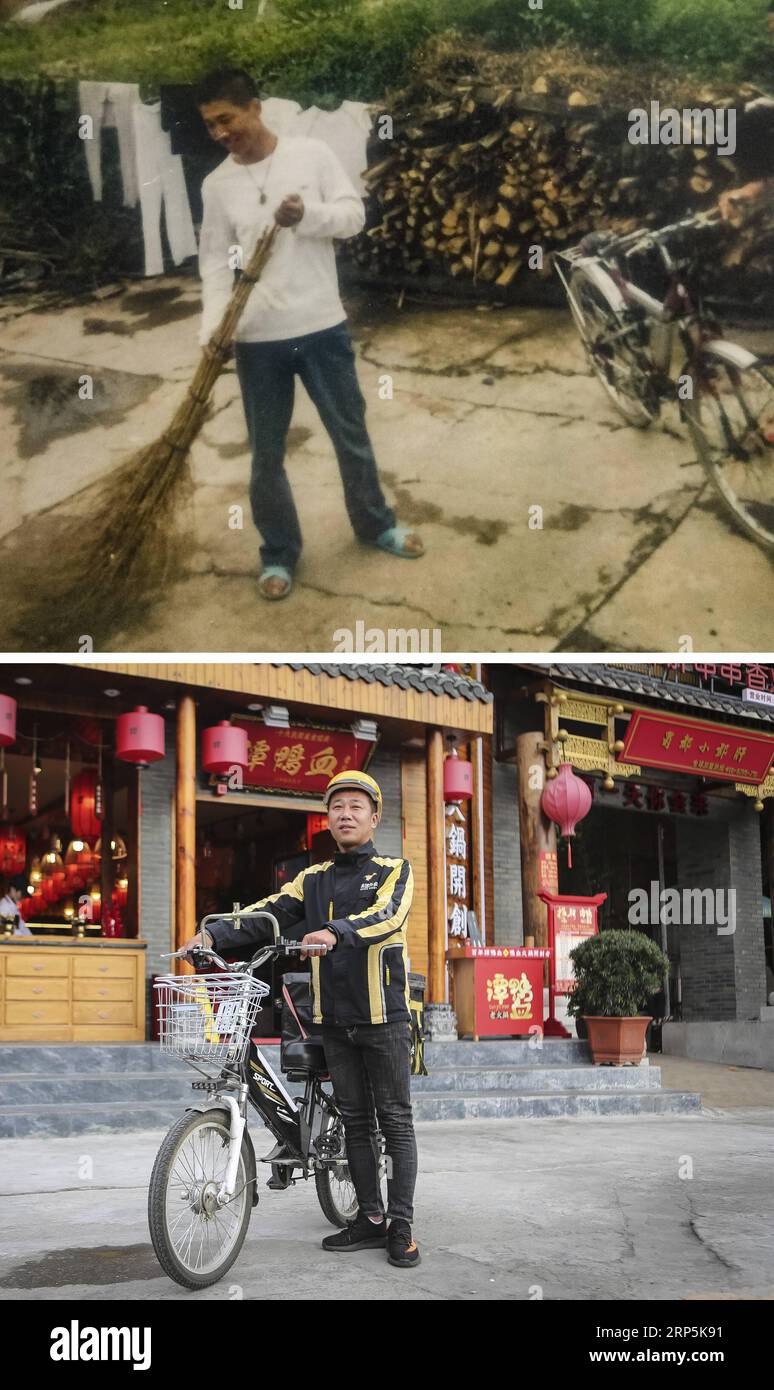 (181217) -- SHENZHEN, Dec. 17, 2018 (Xinhua) -- The upper part of the combo photo taken in 2008 shows Wang Xifa working at home in Hengtai Village of Boli County, northeast China s Heilongjiang Province. The lower part of the combo photo taken on Dec. 13, 2018 shows Wang Xifa ready to deliver food for customers outside a restaurant in Shenzhen, south China s Guangdong Province. The 40-year-old Wang Xifa used to be a farmer in hometown. He went to work in Shenzhen as a food delivery man in 2016. He often works from 7 a.m. to 12 p.m. as he wanted to earn a better living for family. Migrant worke Stock Photo