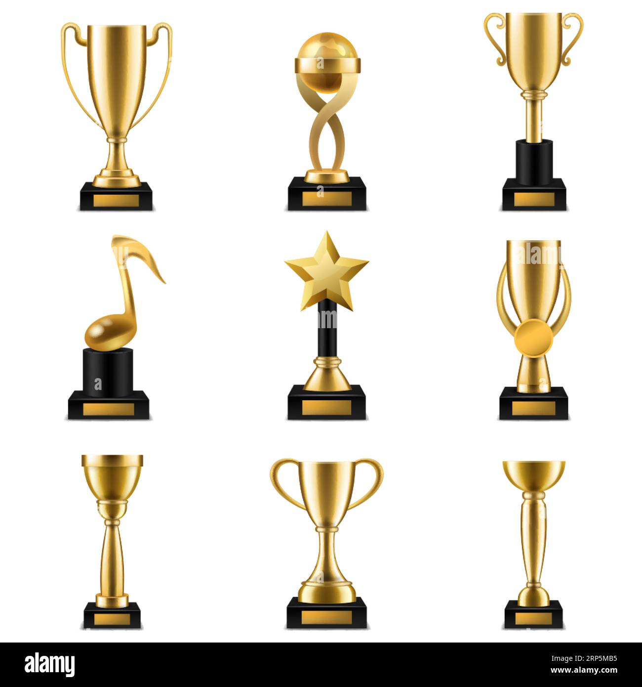 Trophy cup. Realistic golden trophy cups and prize in different shapes, triumph champions