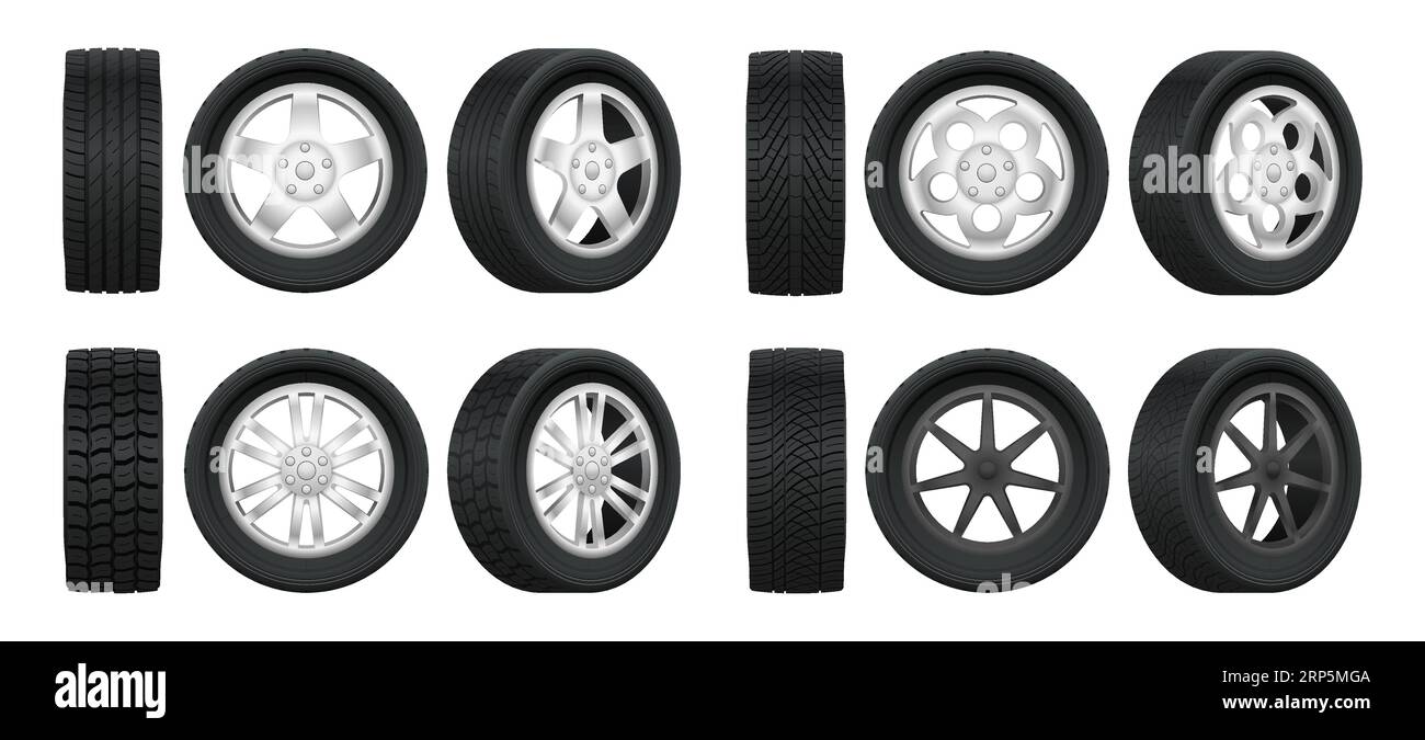 Realistic tires. 3d auto tyres and alloy rims, car wheels with