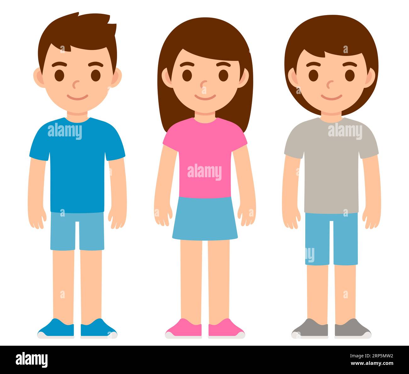 Cute cartoon boy in blue shirt, girl in pink shirt and kid in unisex clothes. Children gender expression. Simple flat vector illustration. Stock Vector