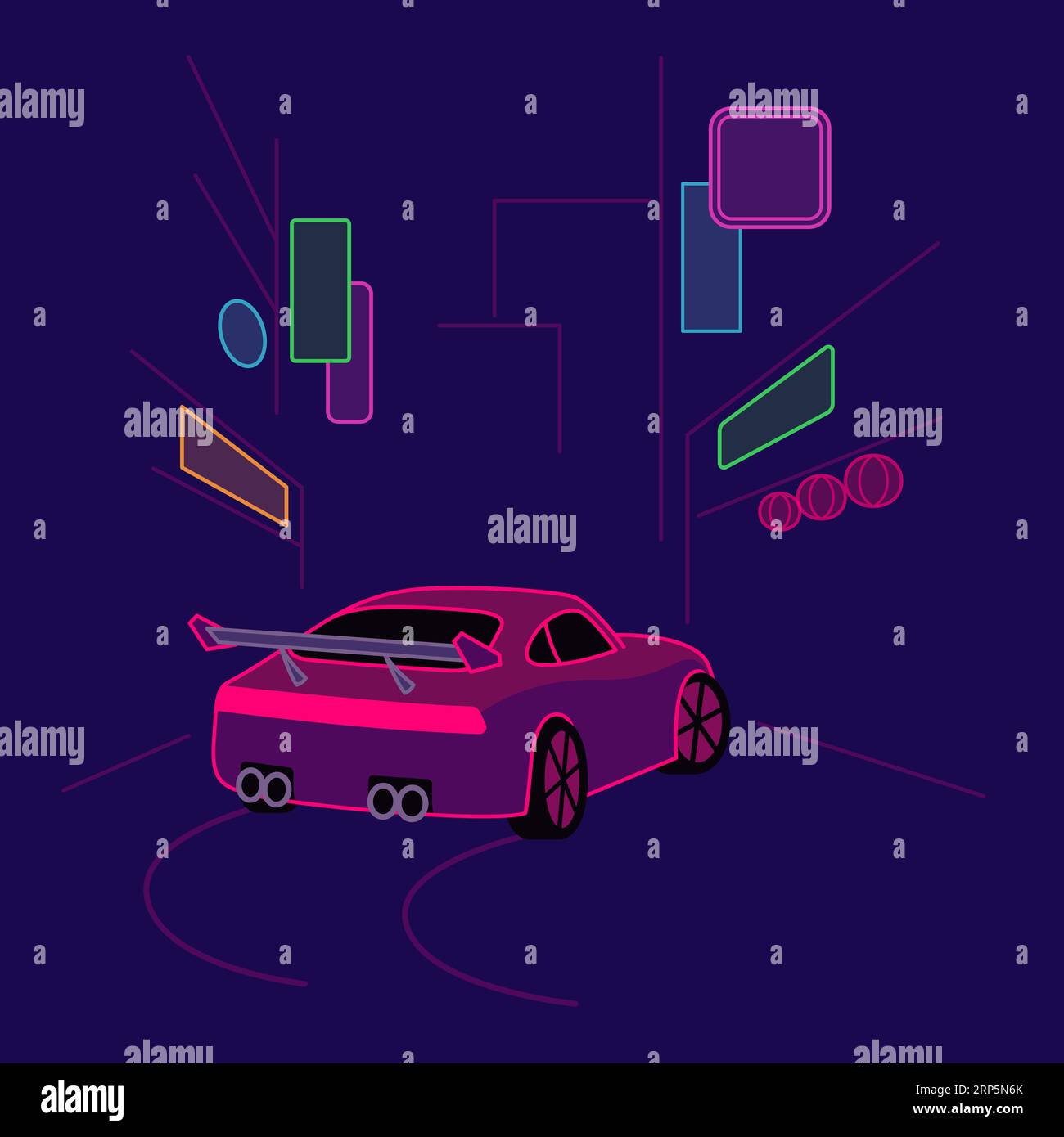 Street racing night urban scene. Custom sports car and neon city lights. Simple vector design illustration. Stock Vector