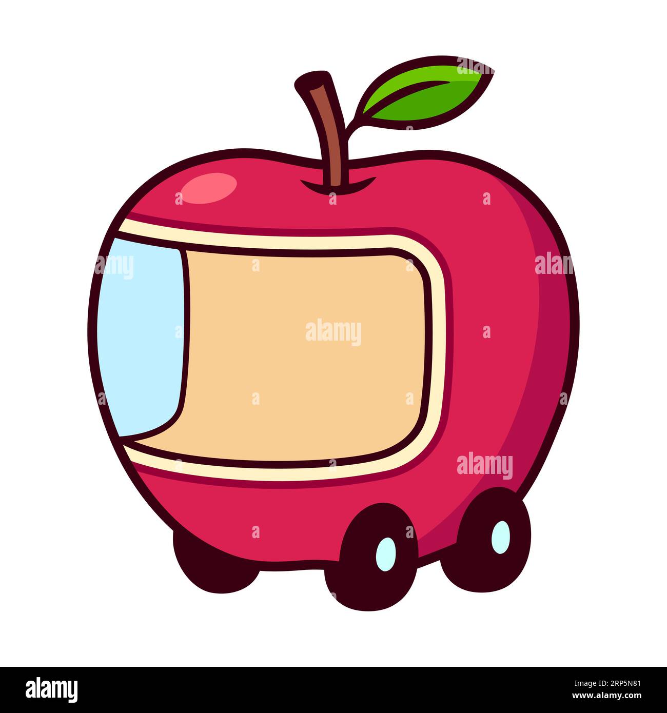 Cute cartoon red apple shaped car drawing. Funny children's toy vector clip art illustration. Stock Vector