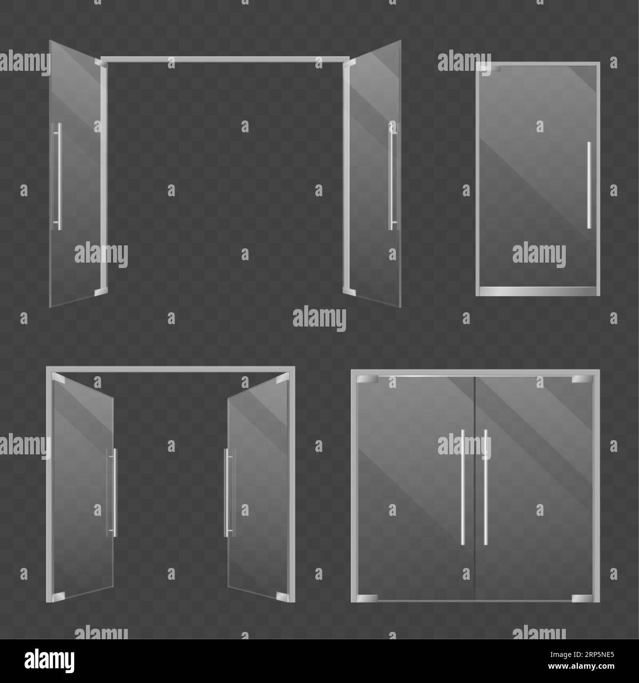 Glass doors. Realistic open and closed double glass mall and store