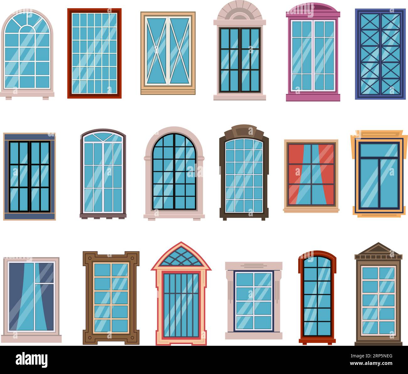Flat windows frames. Colorful various wooden and plastic window frames